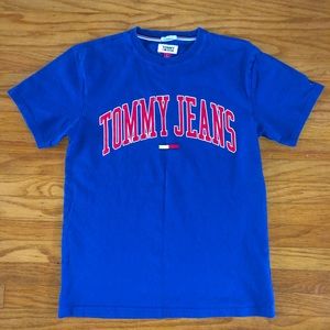 Tommy Hilfiger Mens Tommy Jeans Spellout T-shirt Blue Red Flag Sz M VTG